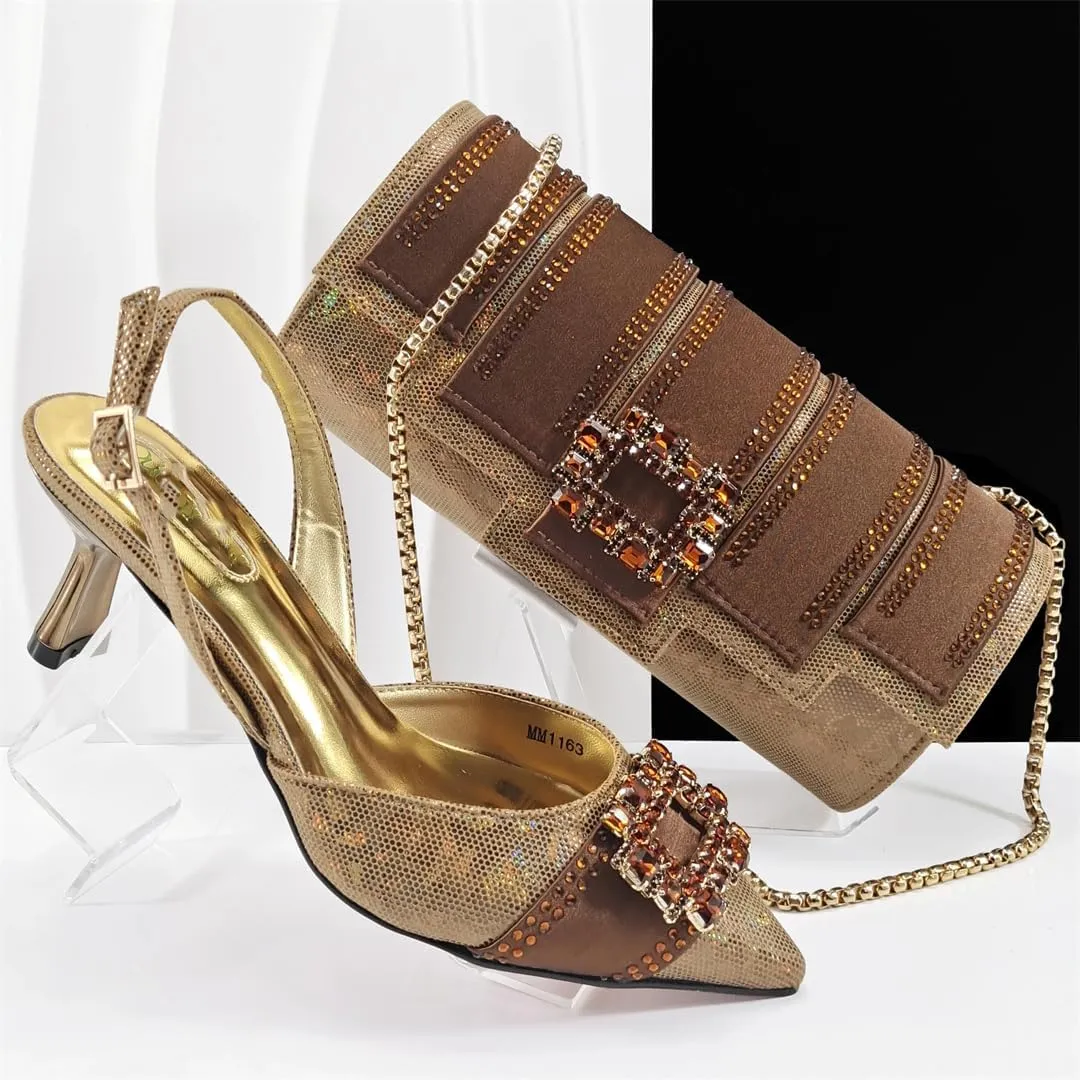 Women’S Stylish Italian Shoe and Bag Set with Charm Decorations PU Soft Leather Pumps Peep Toe Thin Heels for Evening Party