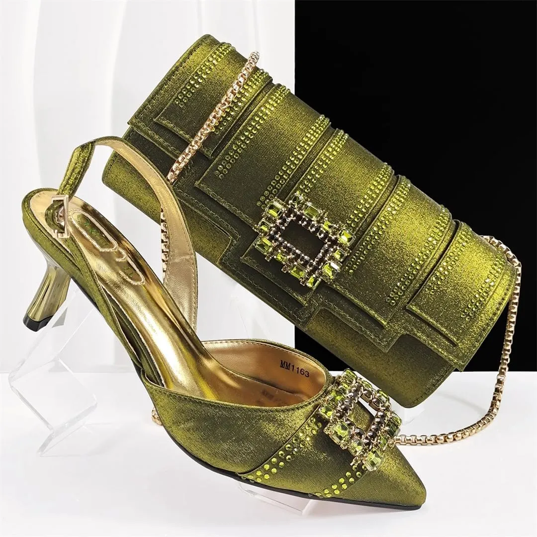 Women’S Stylish Italian Shoe and Bag Set with Charm Decorations PU Soft Leather Pumps Peep Toe Thin Heels for Evening Party