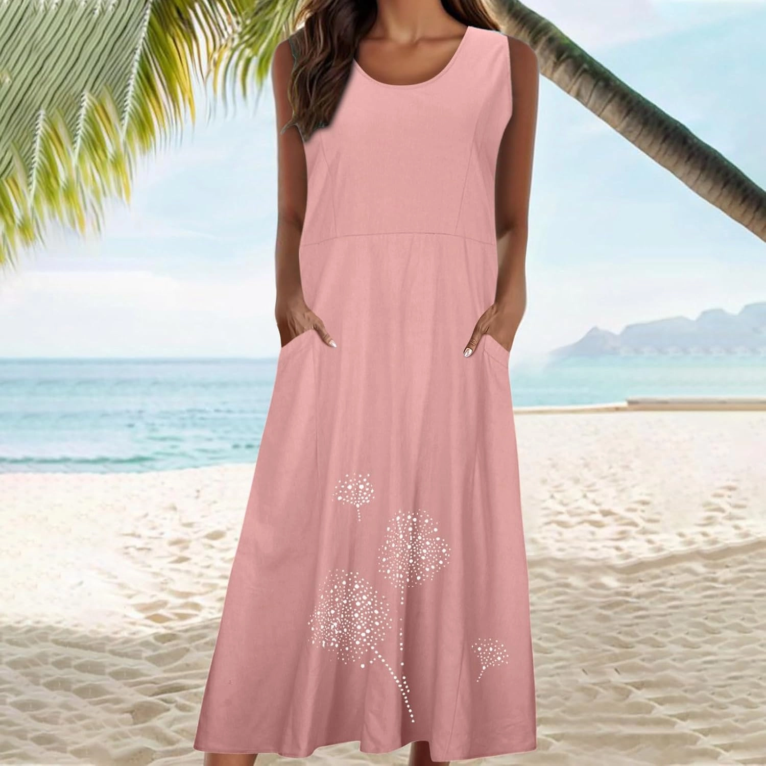Womens Cotton Linen Summer Dresses Cute Flower Graphic Print Sundress Casual Sleeveless Loose Midi Dresse