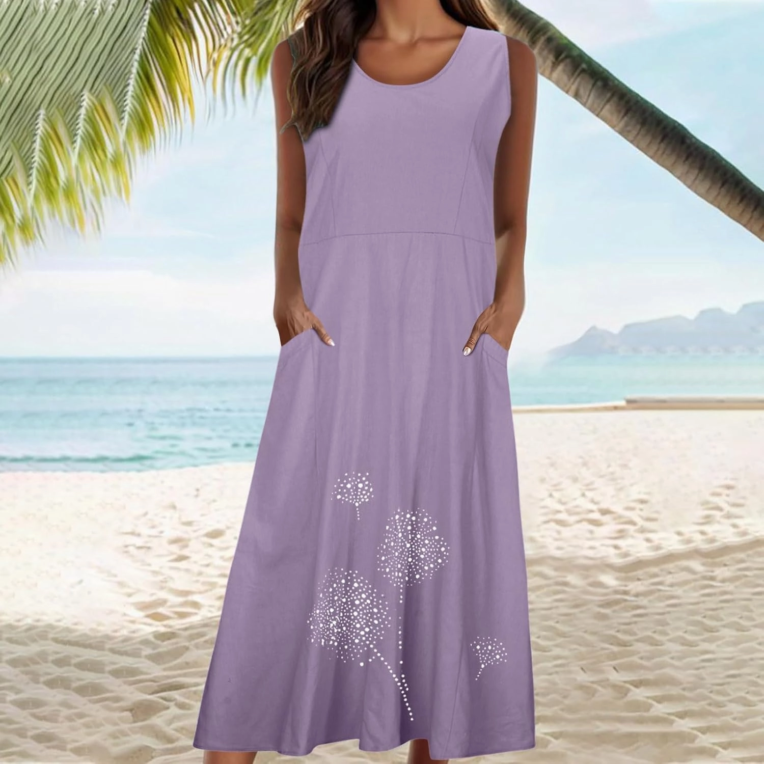 Womens Cotton Linen Summer Dresses Cute Flower Graphic Print Sundress Casual Sleeveless Loose Midi Dresse