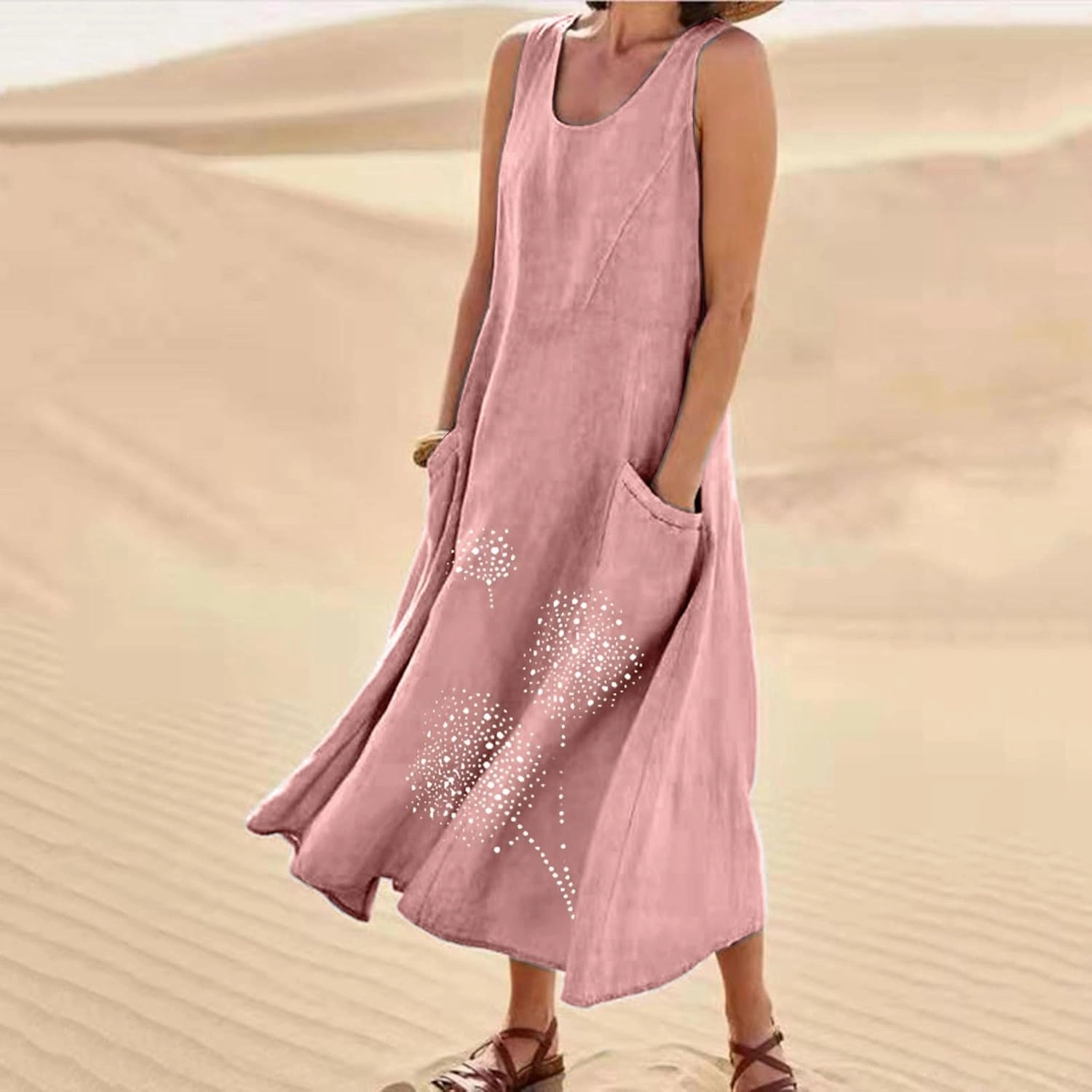 Womens Cotton Linen Summer Dresses Cute Flower Graphic Print Sundress Casual Sleeveless Loose Midi Dresse