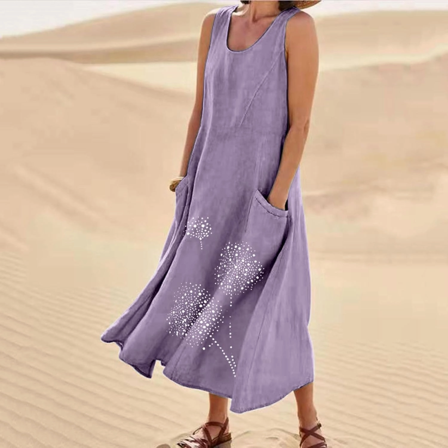 Womens Cotton Linen Summer Dresses Cute Flower Graphic Print Sundress Casual Sleeveless Loose Midi Dresse