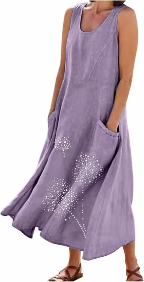 Womens Cotton Linen Summer Dresses Cute Flower Graphic Print Sundress Casual Sleeveless Loose Midi Dresse