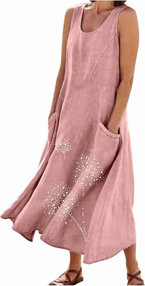 Womens Cotton Linen Summer Dresses Cute Flower Graphic Print Sundress Casual Sleeveless Loose Midi Dresse