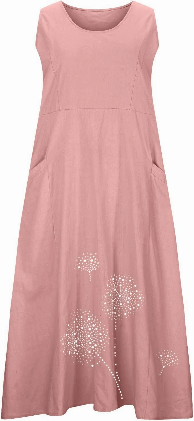 Womens Cotton Linen Summer Dresses Cute Flower Graphic Print Sundress Casual Sleeveless Loose Midi Dresse
