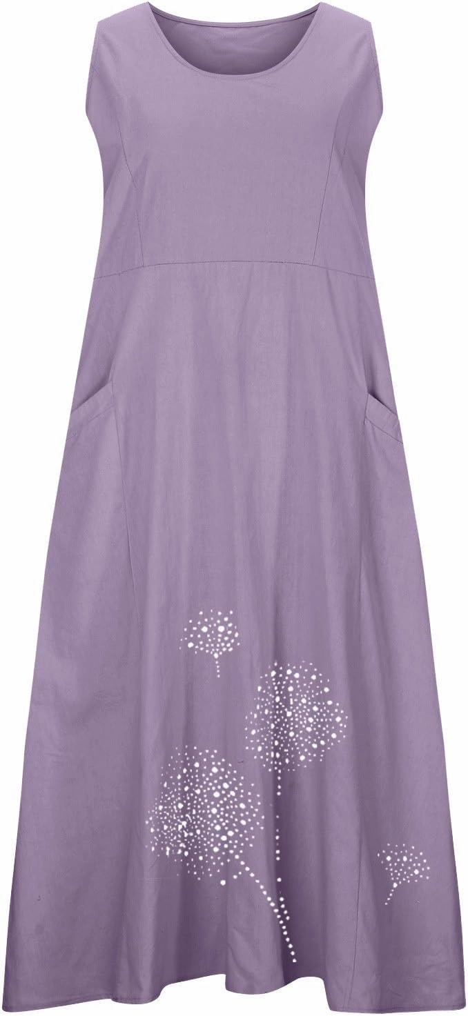 Womens Cotton Linen Summer Dresses Cute Flower Graphic Print Sundress Casual Sleeveless Loose Midi Dresse