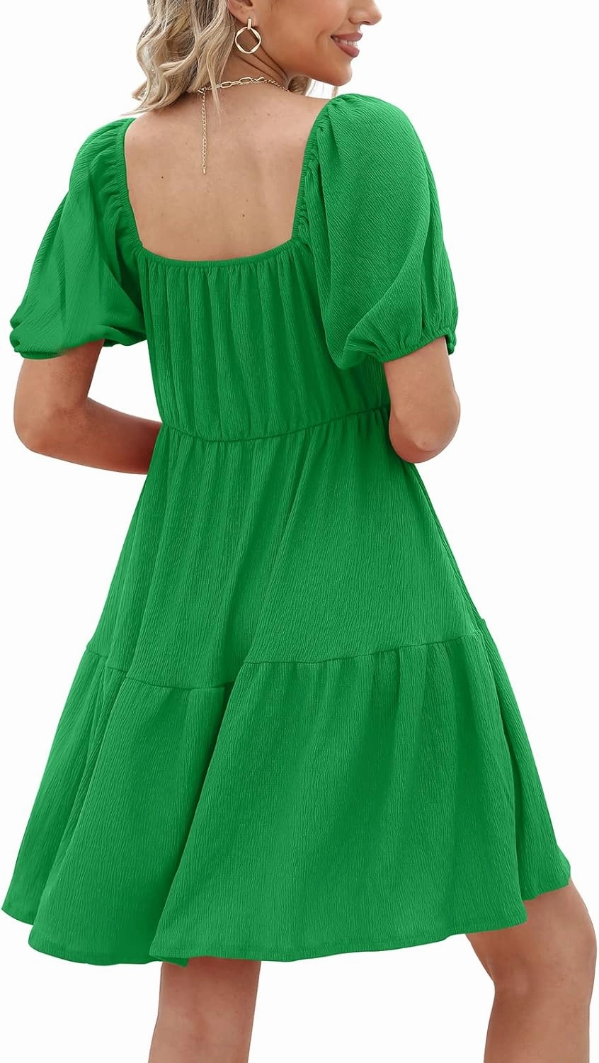 Womens Dresses Square Neck Puff Sleeve Casual Loose Spring A-Line Dresses