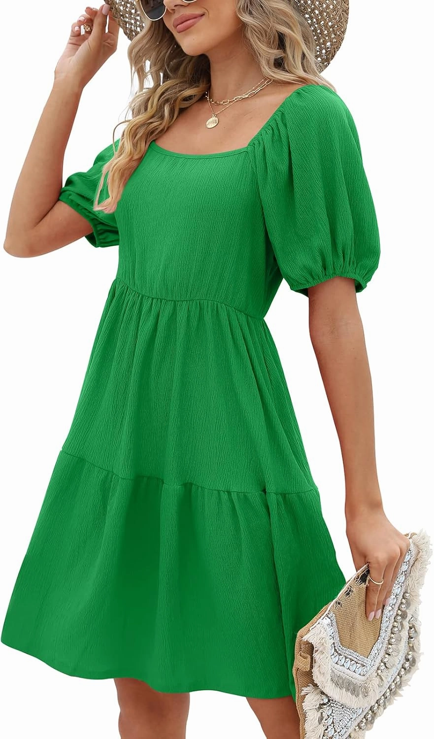 Womens Dresses Square Neck Puff Sleeve Casual Loose Spring A-Line Dresses