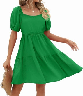 Womens Dresses Square Neck Puff Sleeve Casual Loose Spring A-Line Dresses