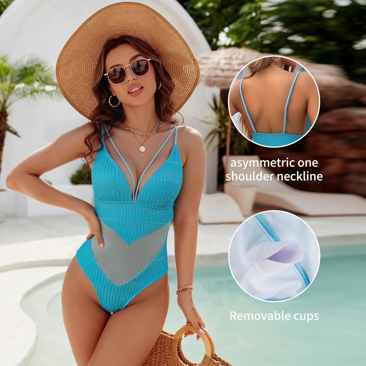 Womens One Piece Swimsuits-Sexy Deep V Neckline Tummy Control Bathing Suit Slimming Mesh Swimwear ﻿