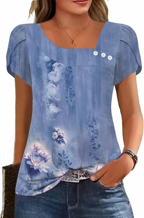 Womens Petal Sleeve Tops Summer Trendy T Shirt Casual Loose Square Neck Button Blouse Tees