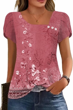 Womens Petal Sleeve Tops Summer Trendy T Shirt Casual Loose Square Neck Button Blouse Tees