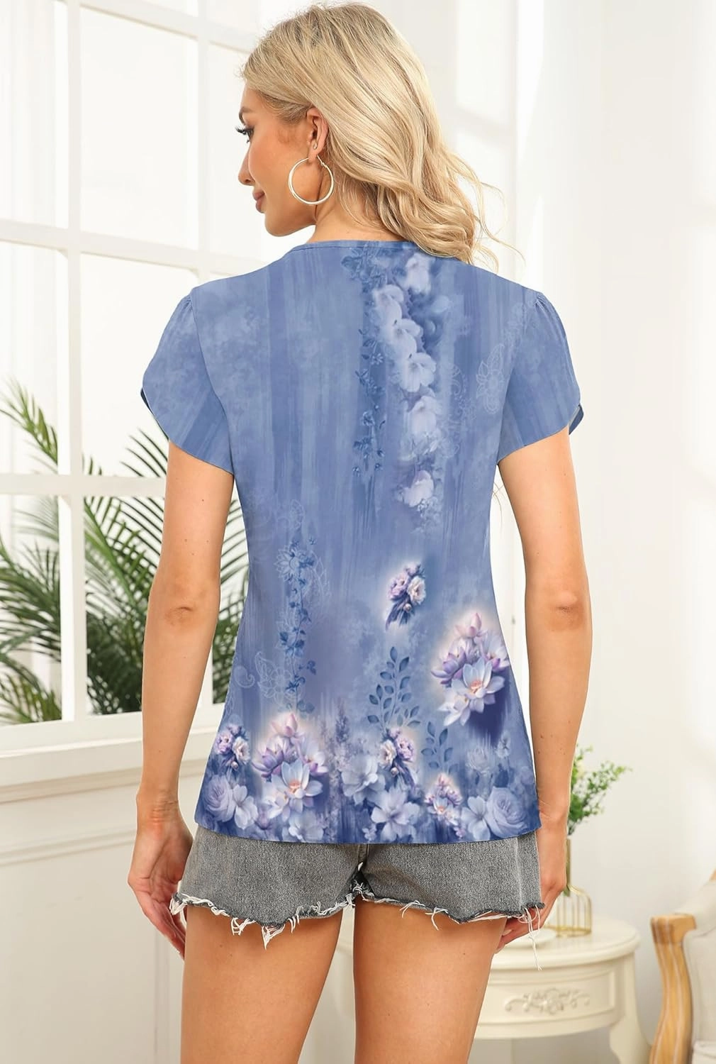 Womens Petal Sleeve Tops Summer Trendy T Shirt Casual Loose Square Neck Button Blouse Tees