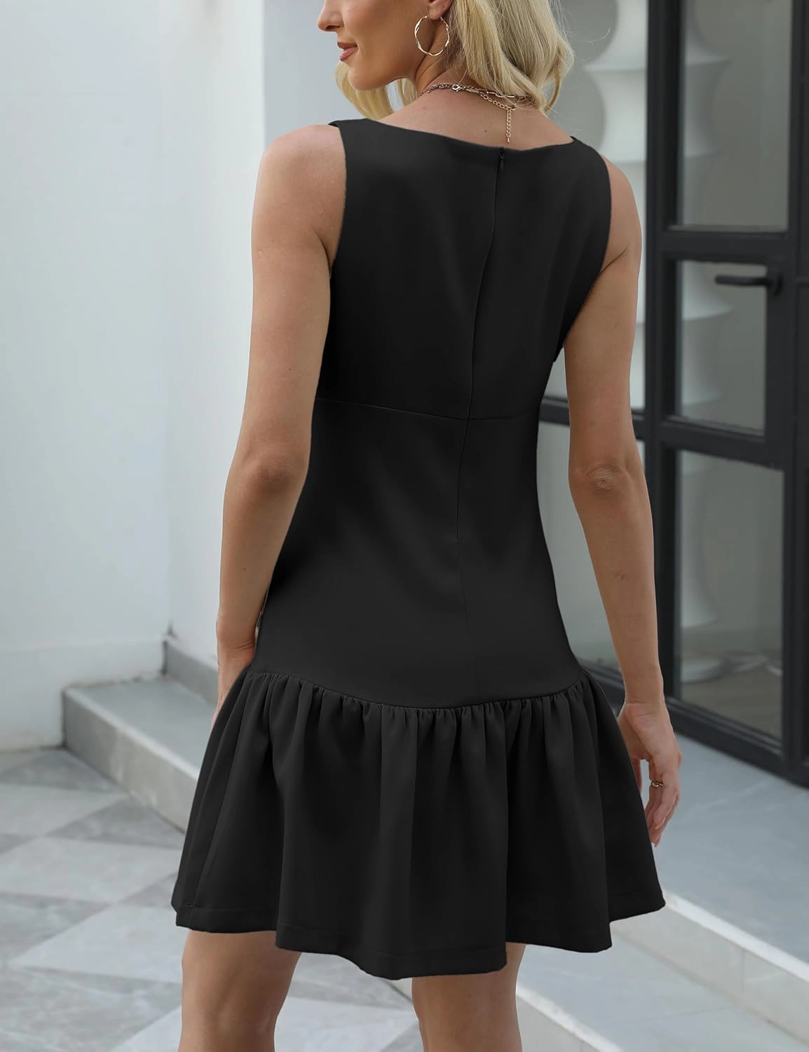 Womens Sleeveless Pleated Dress Girdling A Line Solid Color Pullover Round Neck Bow Zipper Back Mini Dress
