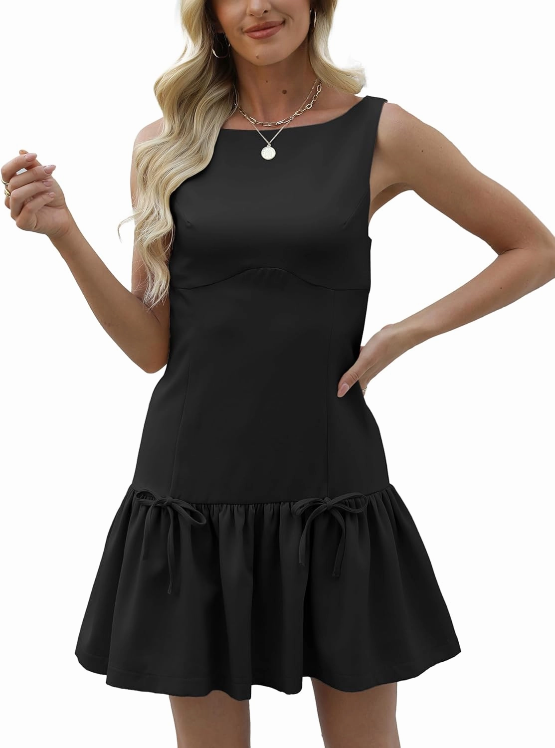 Womens Sleeveless Pleated Dress Girdling A Line Solid Color Pullover Round Neck Bow Zipper Back Mini Dress