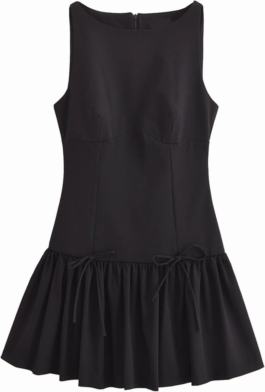 Womens Sleeveless Pleated Dress Girdling A Line Solid Color Pullover Round Neck Bow Zipper Back Mini Dress