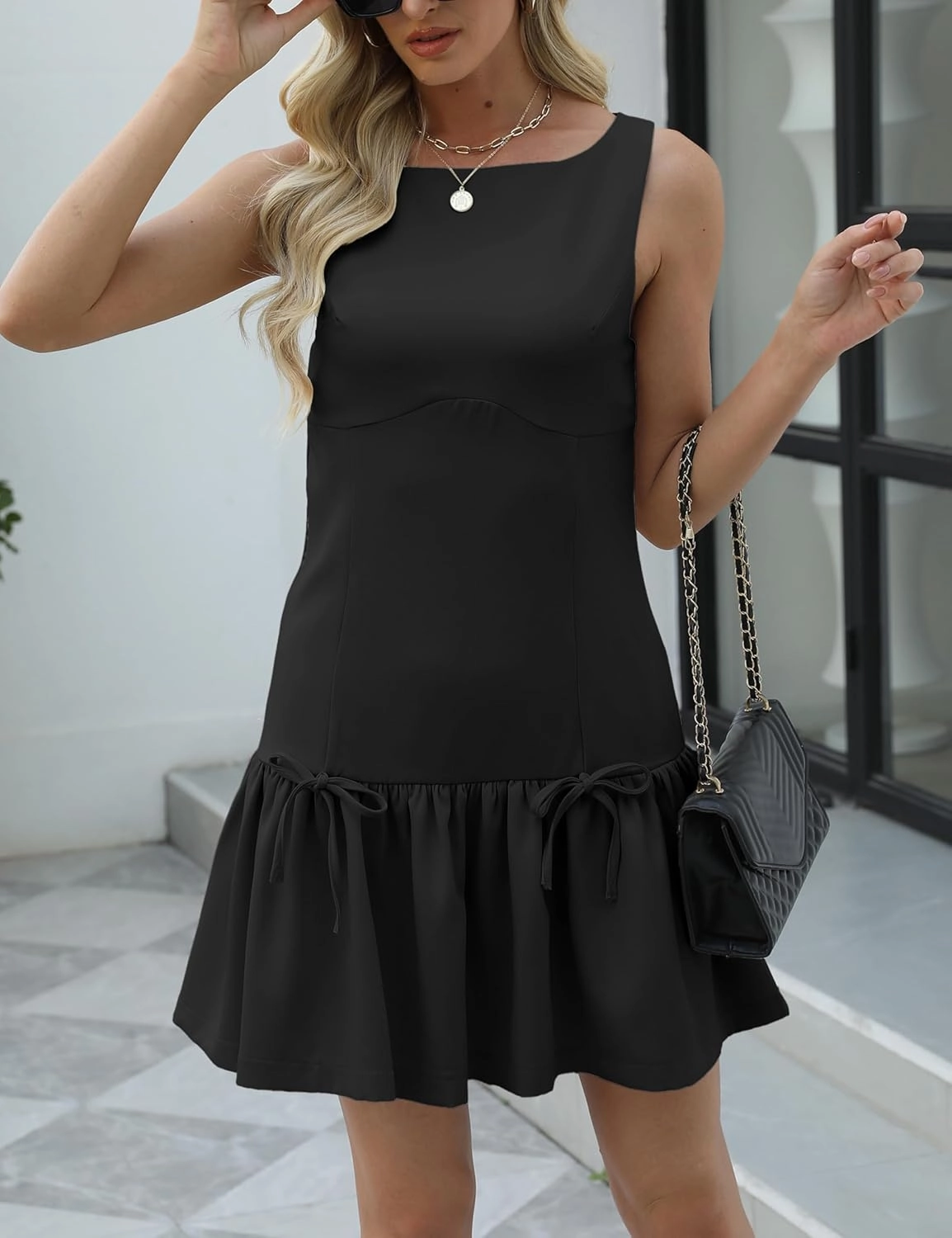 Womens Sleeveless Pleated Dress Girdling A Line Solid Color Pullover Round Neck Bow Zipper Back Mini Dress