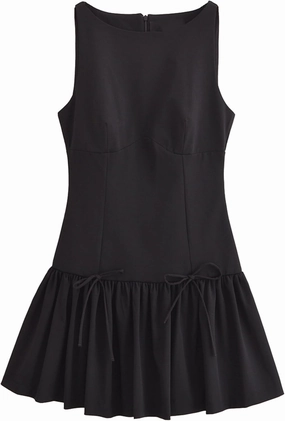 Womens Sleeveless Pleated Dress Girdling A Line Solid Color Pullover Round Neck Bow Zipper Back Mini Dress