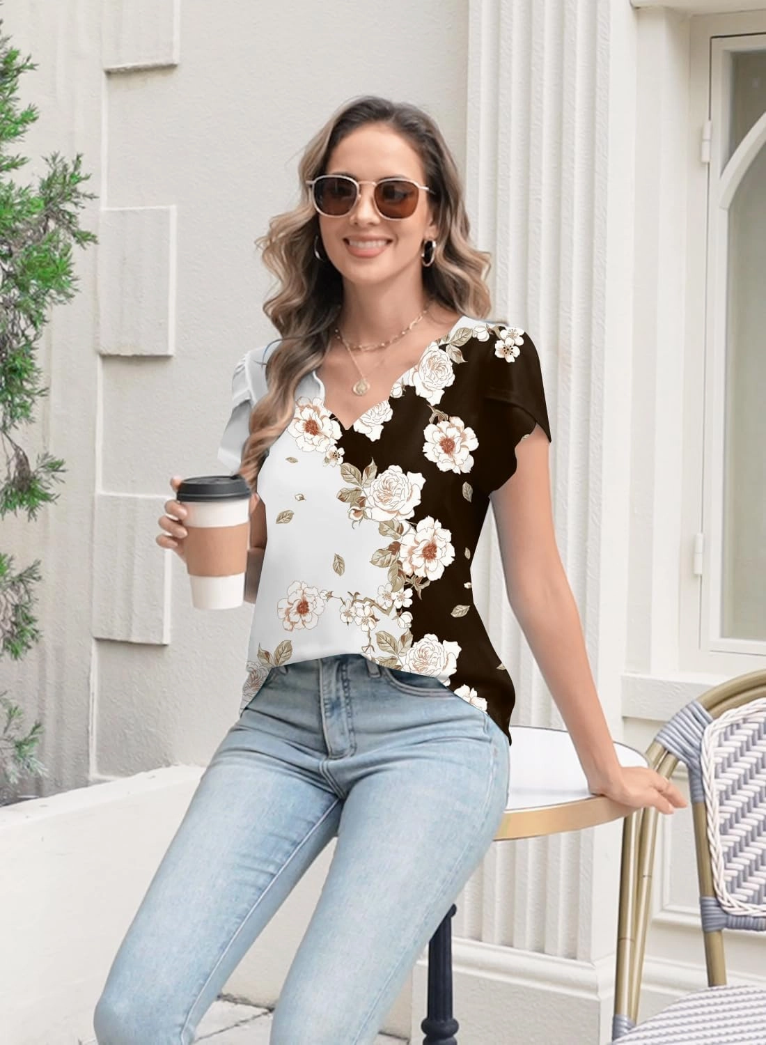 Womens Summer Tops Seashell Edge V Neck Shirts Petal Short Sleeve Top Dressy Casual Tunic Blouses