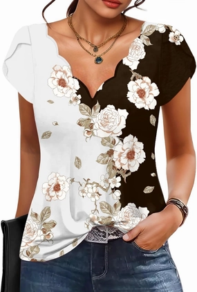 Womens Summer Tops Seashell Edge V Neck Shirts Petal Short Sleeve Top Dressy Casual Tunic Blouses