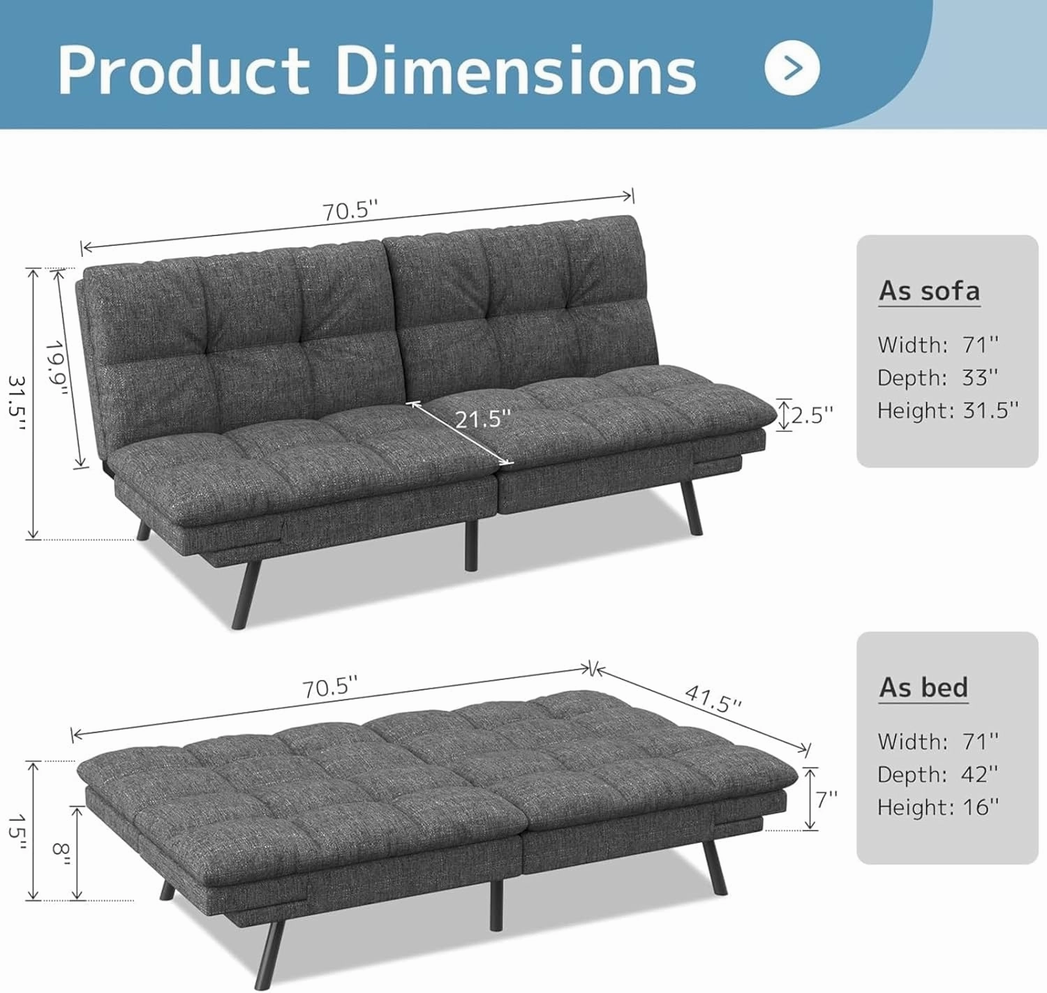 wOod-it Futon Sofa Bed, Memory Foam Foldable Couch Convertible Loveseat Sleeper Daybed with Adjustable Armrests for Small Space, Studio, Office, Apartment, Compact Living Room, Dark Gray