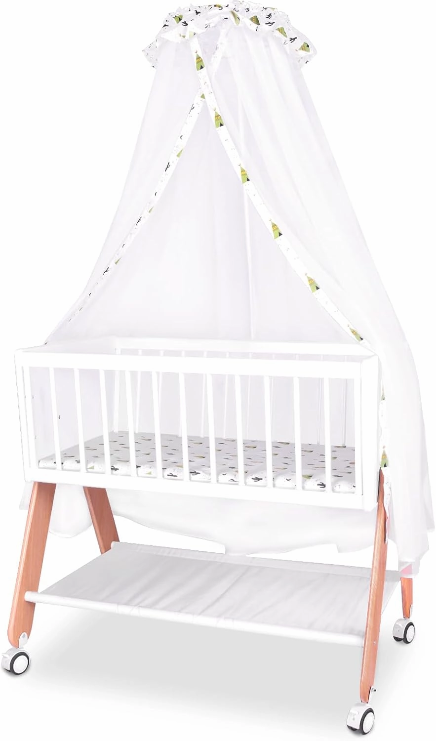Wooden Bedside Bassinet Sleeper, Safe & Stylish Baby Crib Bassinet with Locking Wheels, Mosquito Net, Mattress Pad Included, Bedside Sleeper for Newborn and Infant