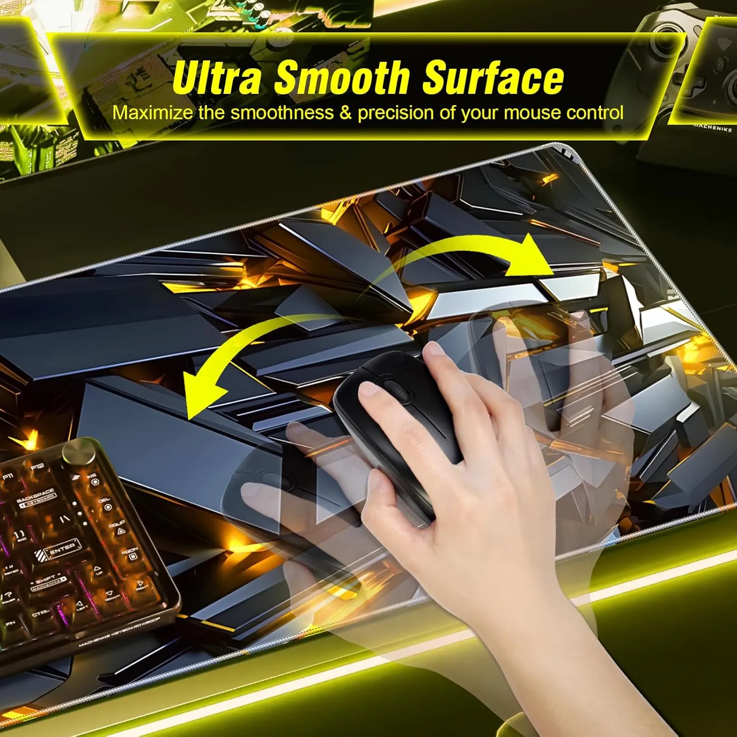 XXX-Large Gaming Mouse Pad 35.4x15.7in, Golden Light Mecha Technology Style Extended Long Gaming Mousepad Keyboard Mat, 3mm Thick Soft Smooth Surface Fabric Gamer Mouse Mat, for Gaming, Office, Home