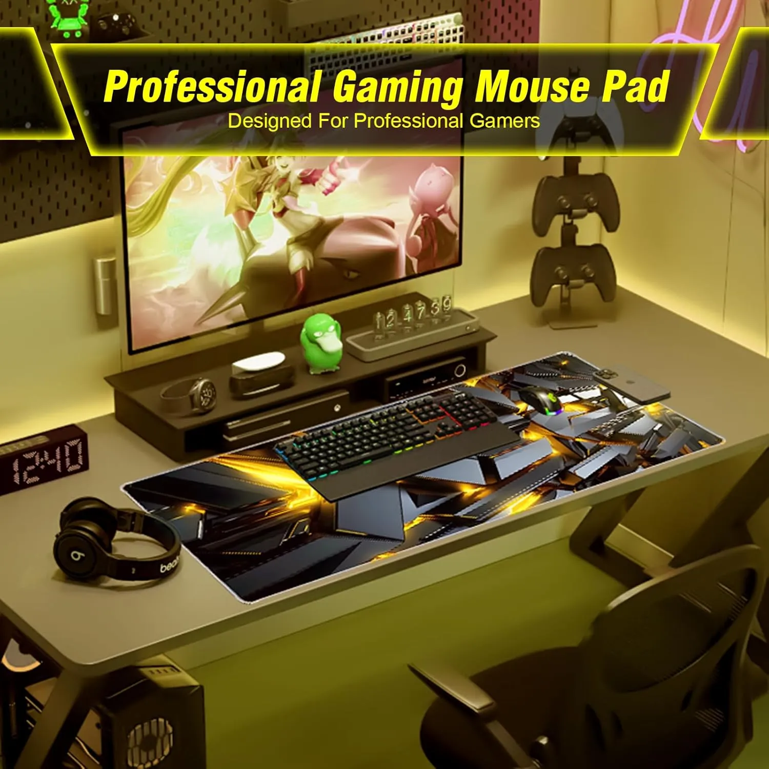 XXX-Large Gaming Mouse Pad 35.4x15.7in, Golden Light Mecha Technology Style Extended Long Gaming Mousepad Keyboard Mat, 3mm Thick Soft Smooth Surface Fabric Gamer Mouse Mat, for Gaming, Office, Home
