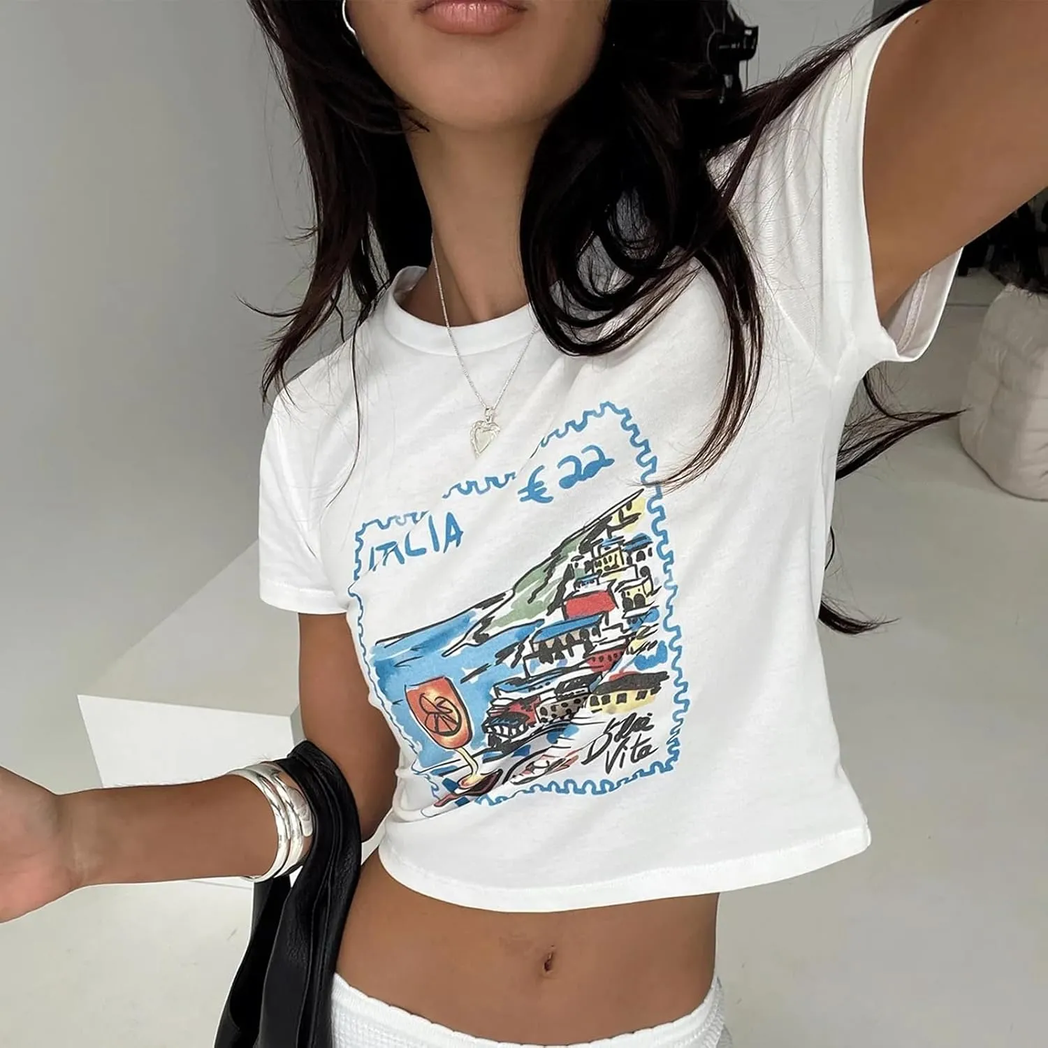 Y2k Baby Tees Women Graphic Print T- Shirt Summer Short Sleeve Slim Fit Crop Top Aesthetic Clothes
