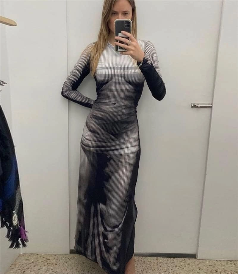 Y2K 3D Body Print Maxi Dress Women Aesthetic Long Sleeve Unique Sexy Body-Shaping Robe Party Clubwear Clothing