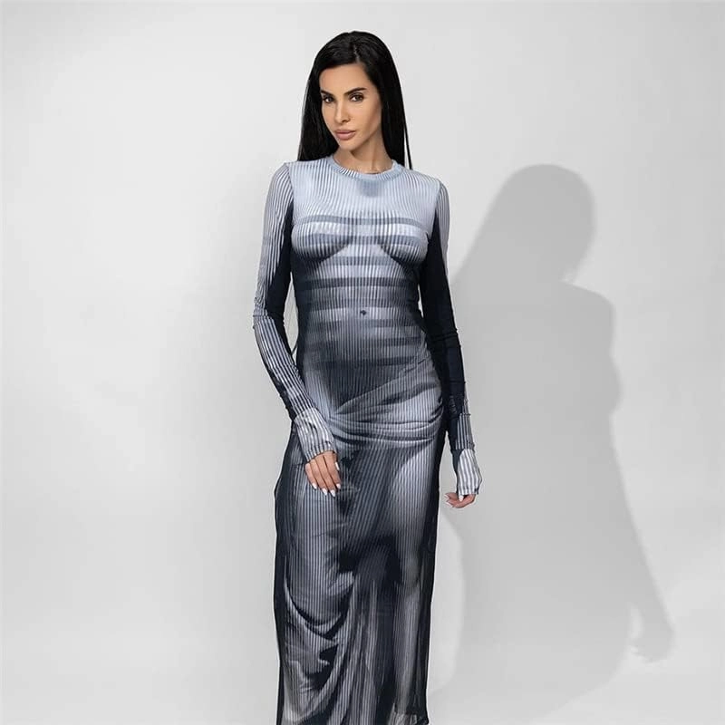 Y2K 3D Body Print Maxi Dress Women Aesthetic Long Sleeve Unique Sexy Body-Shaping Robe Party Clubwear Clothing