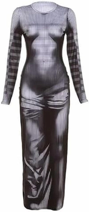 Y2K 3D Body Print Maxi Dress Women Aesthetic Long Sleeve Unique Sexy Body-Shaping Robe Party Clubwear Clothing