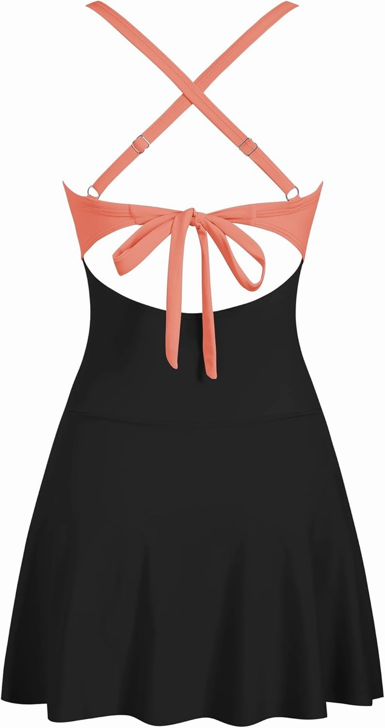 ZAFUL Women One Piece Swimdress Tummy Control Bathing Suit Push Up Swimsuit Modest Swimwear Cutout V Neck Cute Tie Knot Skirt
