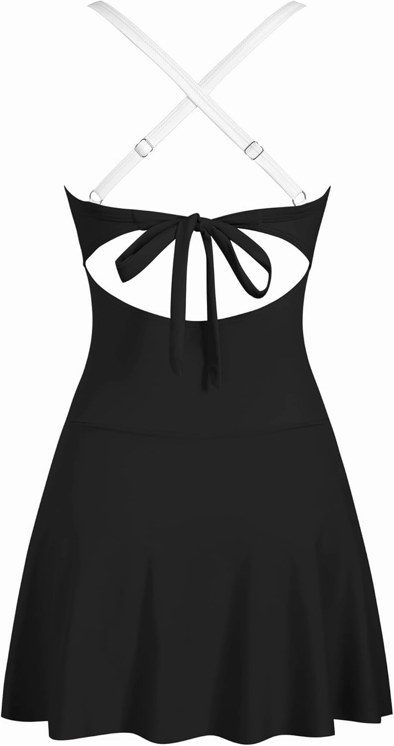 ZAFUL Women One Piece Swimdress Tummy Control Bathing Suit Push Up Swimsuit Modest Swimwear Cutout V Neck Cute Tie Knot Skirt