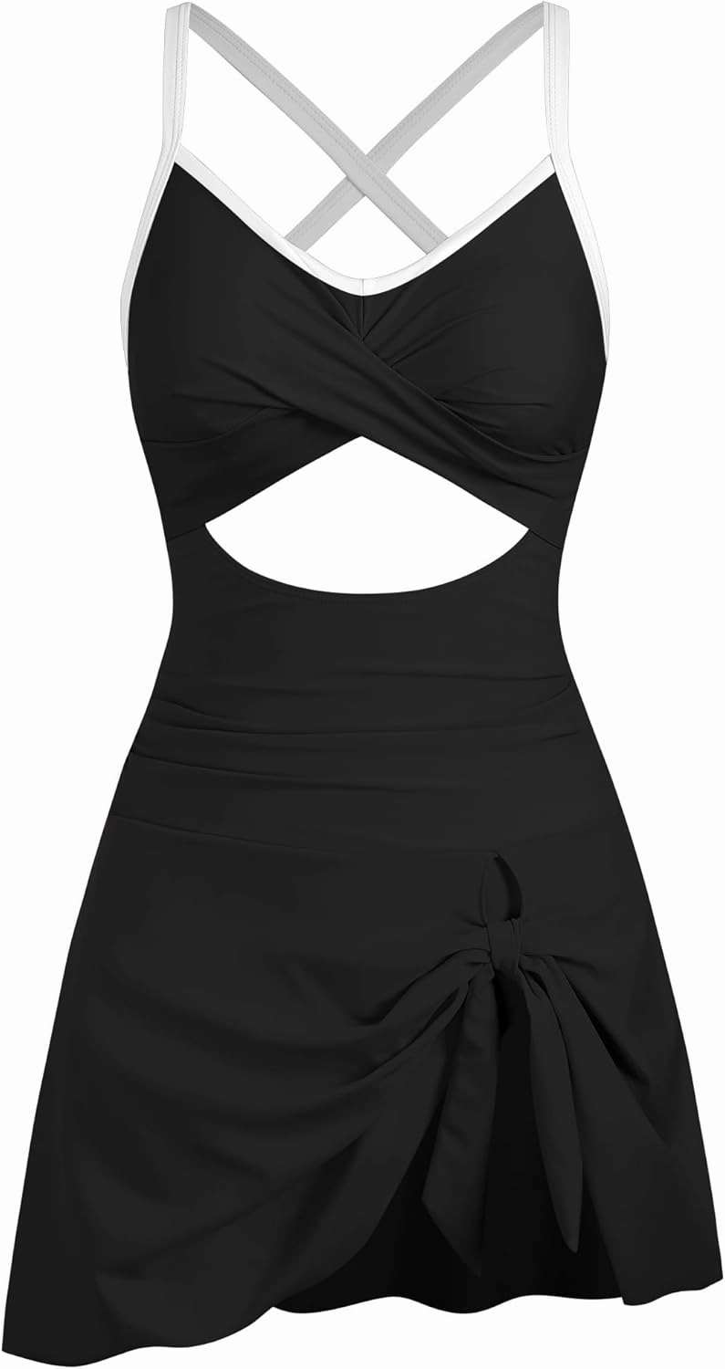 ZAFUL Women One Piece Swimdress Tummy Control Bathing Suit Push Up Swimsuit Modest Swimwear Cutout V Neck Cute Tie Knot Skirt
